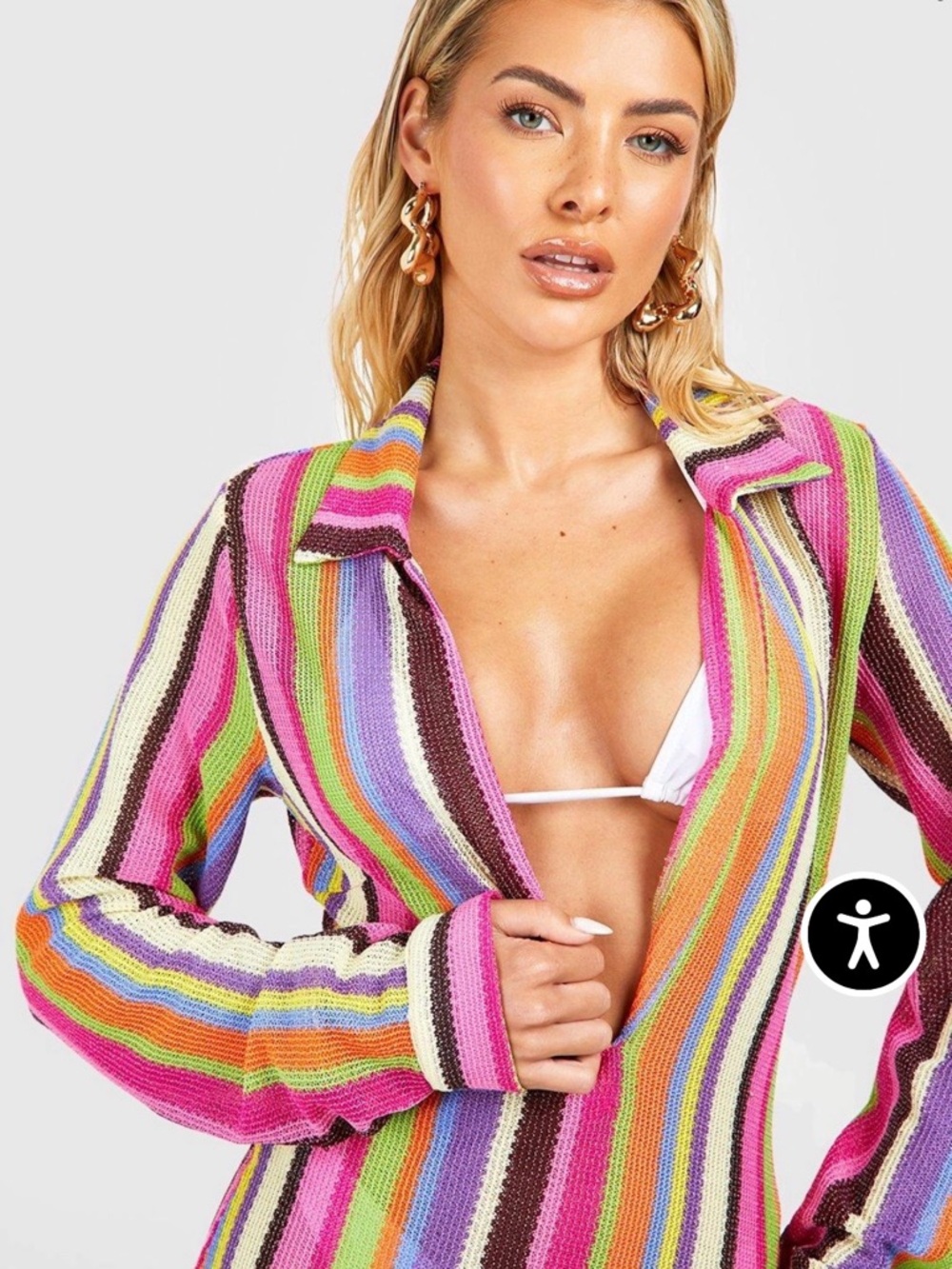 Boohoo Colorful Striped Knit Maxi Crochet Dress Swim Cover Up Size Medium